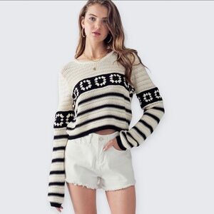 The AINSLEY Striped Crochet Crop Sweater